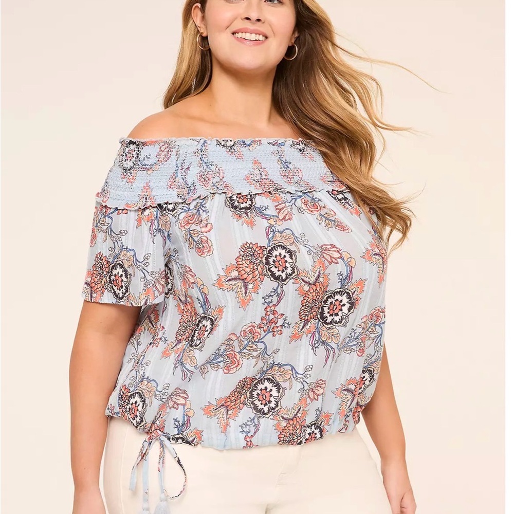 Lane Bryant Light Blue Off-Shoulder Floral Tunic